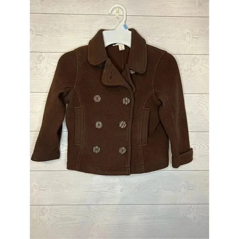 Lands’ End Kids double breasted brown fleece pea coat Size 4